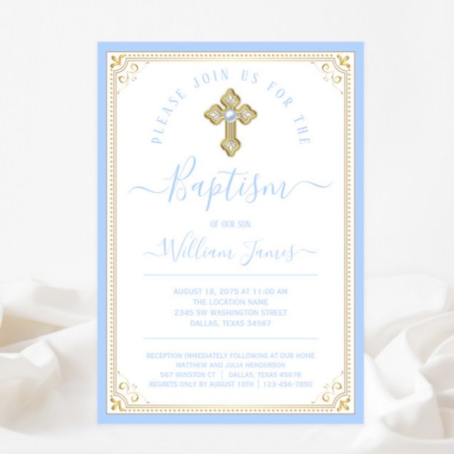 Elegant Baby Blue Gold Boy Baptism Invitation (Creator Uploaded)