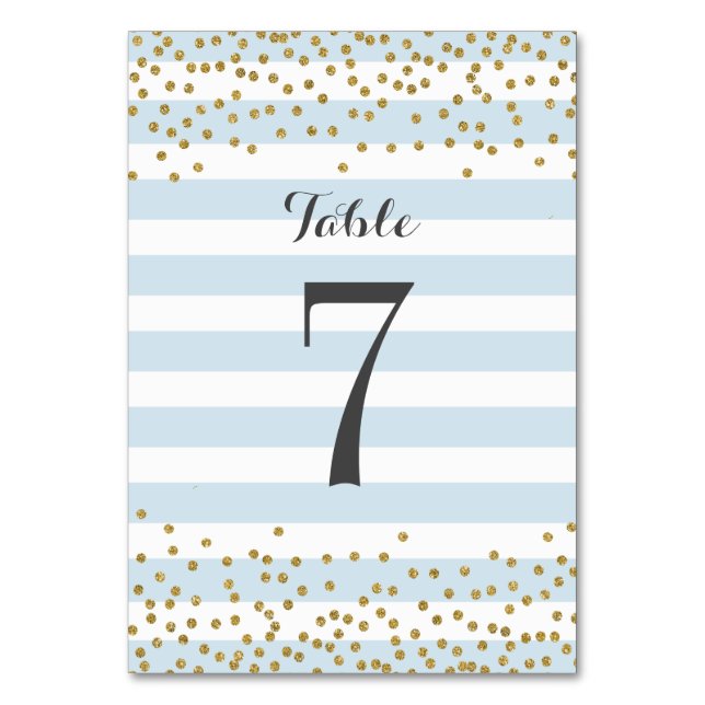 Elegant Baby Blue Gold Confetti Party Wedding Table Number (Back)