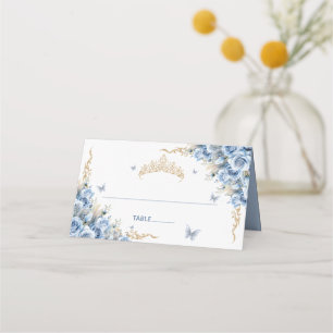 Elegant Baby Blue Gold Quinceanera Banquet Tiara Place Card