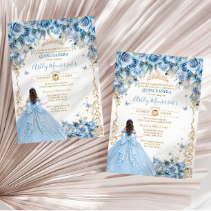 Elegant Baby Blue Gold Quinceañera Princess Gown Invitation