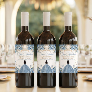 Elegant Baby Blue Gold Quinceanera Princess Tiara Wine Label