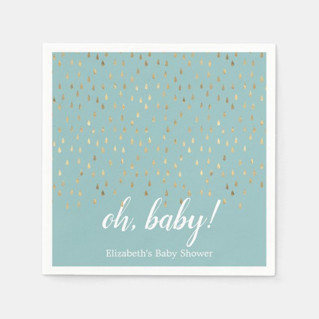 Elegant Baby Blue & Gold Raindrops Baby Shower Napkin (Front)