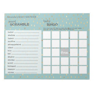 Elegant Baby Blue & Gold Raindrops Shower Games Notepad
