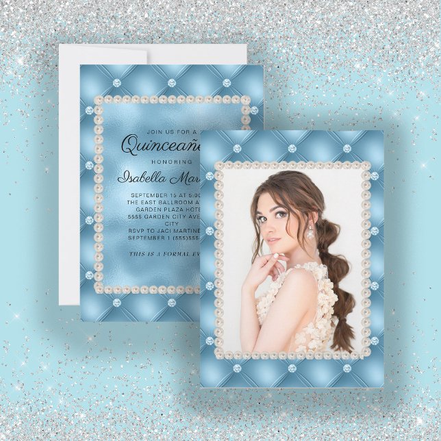 Elegant Baby Blue Quinceañera Photo Pearls Jewels Invitation (Creator Uploaded)