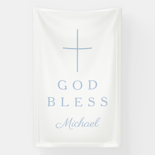 Elegant Baby Blue Religious Cross Boy God Bless Banner (Vertical)