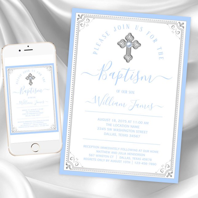 Elegant Baby Blue Silver Boy Baptism Invitation (Baby blue silver cross baptism invitation. Instant download and printed invitations available.)