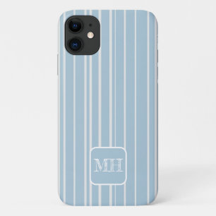 Elegant baby blue striped monogrammed Case-Mate iPhone case