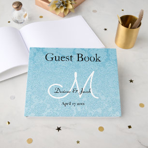 Elegant Baby Blue White Black Wedding Monogram Guest Book