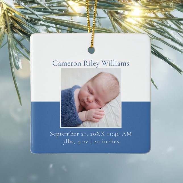 Elegant Baby Boy Newborn Photo Blue Christmas Gift Ceramic Ornament (Creator Uploaded)
