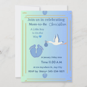 Elegant Baby Boy Shower Invitation Soft Blue Gra