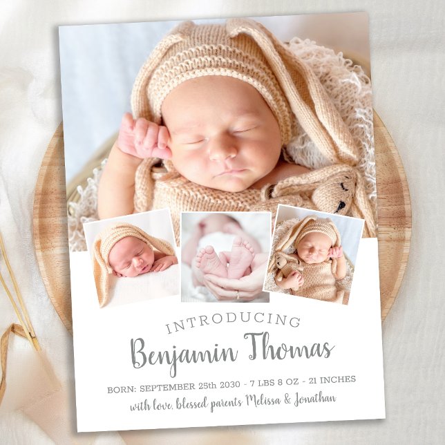 Elegant Baby Custom 4 Photo Birth Announcement Postcard (Creator Uploaded)