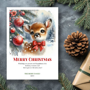 Elegant Baby Deer Christmas Scene Watercolor Card