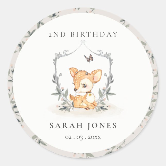 Elegant Baby Deer Floral Crest Any Age Birthday Classic Round Sticker (Front)
