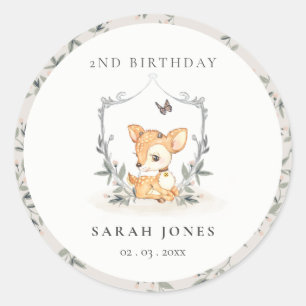 Elegant Baby Deer Floral Crest Any Age Birthday Classic Round Sticker