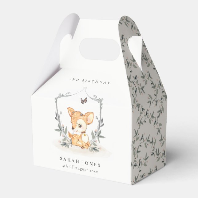 Elegant Baby Deer Floral Crest Any Age Birthday Favour Box (Front Side)