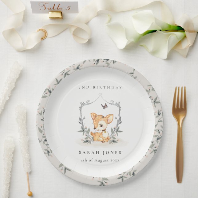 Elegant Baby Deer Floral Crest Any Age Birthday Paper Plate (Wedding)