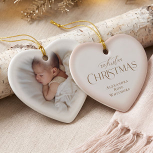 Elegant Baby First Christmas Pink Heart Photo Ceramic Tree Decoration