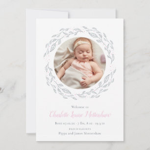 Elegant Baby Girl Photo Floral Garland Birth Announcement