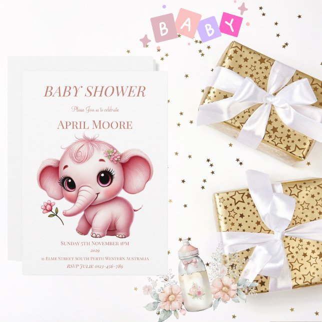 Elegant Baby Girl Pink Elephant Baby Shower Invitation (Pink Baby Elephant Baby Shower Invitation)