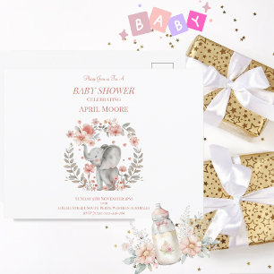 Elegant Baby Girl Pink Elephant Baby Shower Postcard