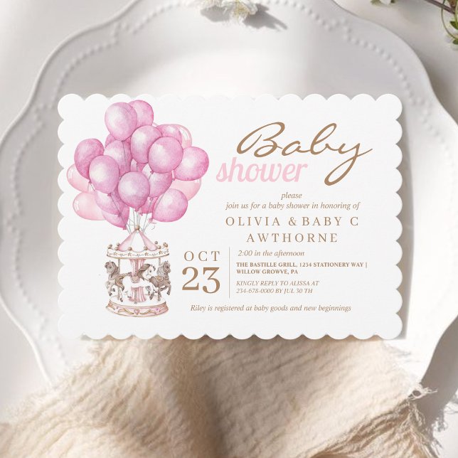 Elegant Baby Girl Shower Pink Balloon Invitation (Creator Uploaded)