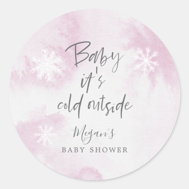 Elegant Baby It's Cold Outside Pink Baby Shower Classic Round Sticker (Front)