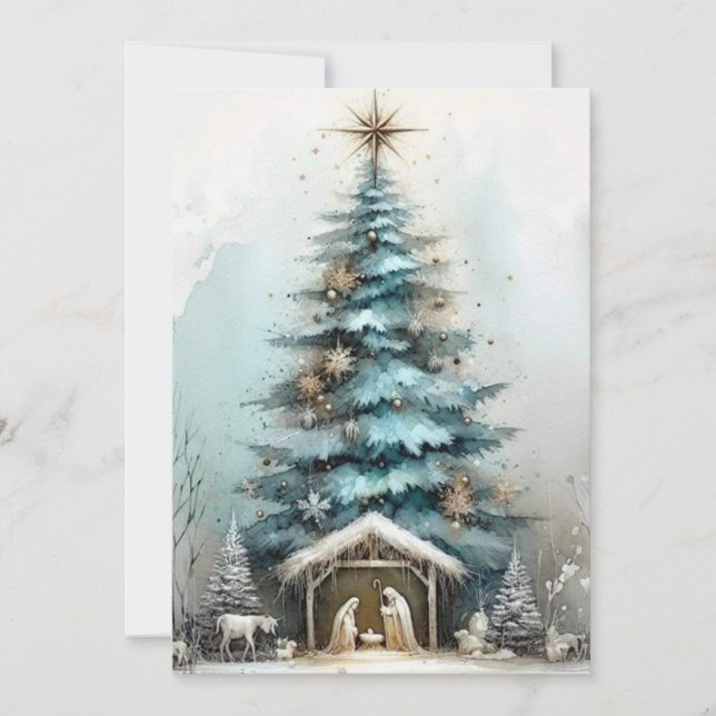 Elegant Baby Jesus Nativity Watercolor Christmas Holiday Card (Front)