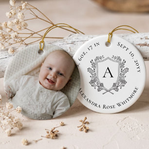 Elegant Baby Monogram Birth Stats Photo Keepsake Ceramic Tree Decoration