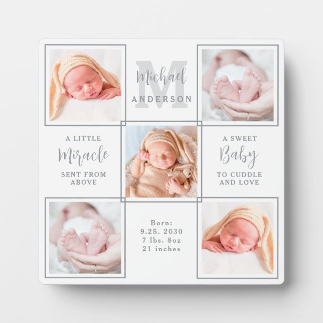 Elegant Baby Newborn Personalised 5 Photo Collage Plaque (Front)