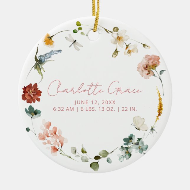 Elegant Baby Photo Pink Garden Flowers Birth Stats Ceramic Tree Decoration (Front)