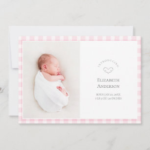 Elegant Baby Pink Gingham 2 Photo Girl Birth Announcement