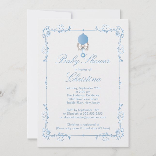 Elegant Baby Rattle Boy Baby Shower Invitation (Front)