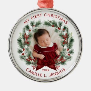 Elegant Baby’s First Christmas Personalised Metal Tree Decoration
