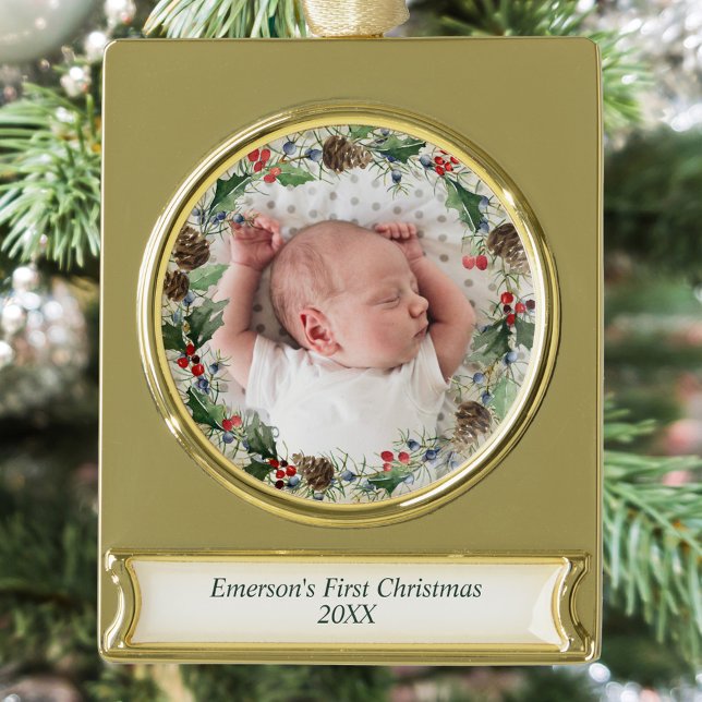 Elegant Baby’s First Christmas Photo Wreath Gold Plated Banner Ornament (Creator Uploaded)