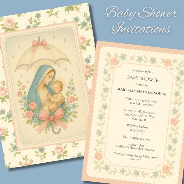 Elegant  Baby Shower Blue Floral Religious  Invitation (Creator Uploaded)