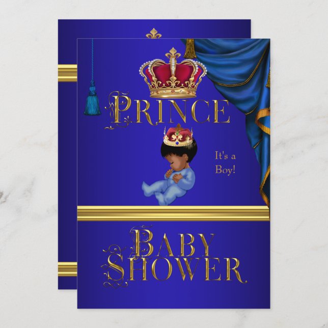 Elegant Baby Shower Boy Blue Little Prince Crown 2 Invitation (Front/Back)