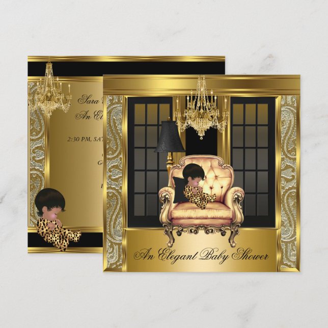 Elegant Baby Shower Damask Chandelier Gold Chair 3 Invitation (Front/Back)
