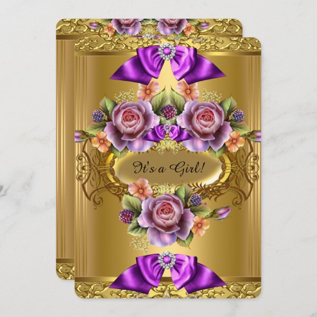 Elegant Baby Shower Girl Purple Pink Gold Roses 2 Invitation (Front/Back)