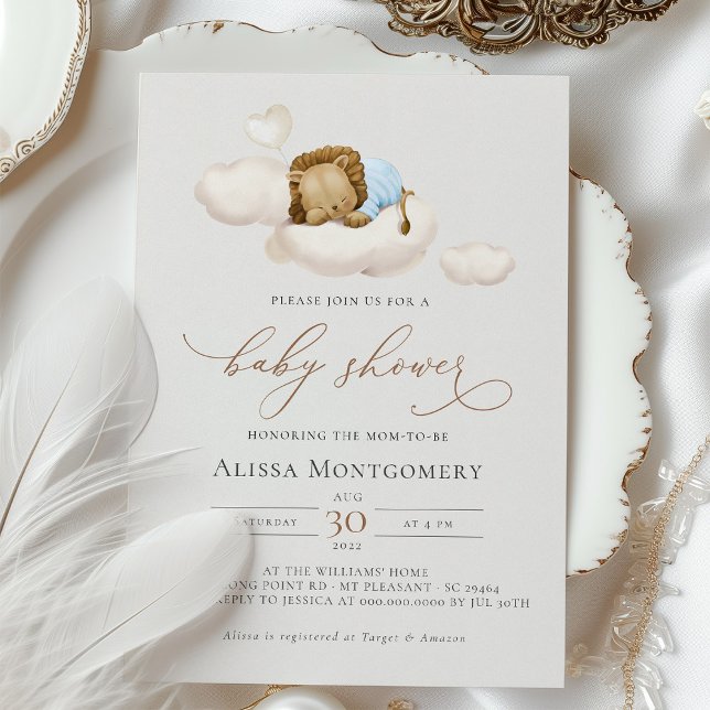 Elegant Baby Shower Sleeping Lion Cub on Clouds Invitation (Creator Uploaded)