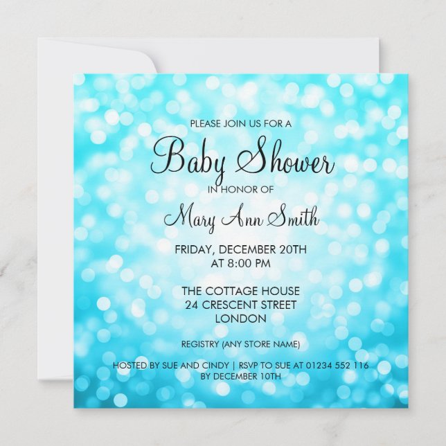 Elegant Baby Shower Turquoise Glitter Lights Invitation (Front)