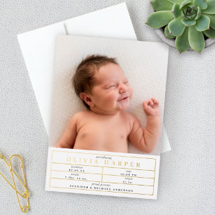 Elegant Baby Stats Photo Birth Announcement FOIL
