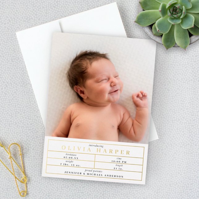 Elegant Baby Stats Photo Birth Announcement FOIL (Creator Uploaded)
