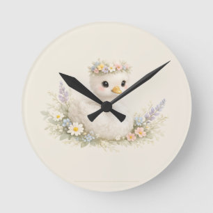 Elegant Baby Swan Wildflower Watercolor Stationery Round Clock
