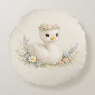 Elegant Baby Swan Wildflower Watercolor Stationery Round Cushion