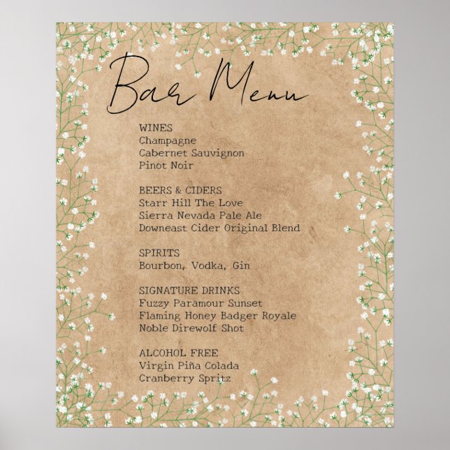 Elegant Baby's Breath Floral Wedding Bar Menu Sign (Front)