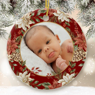 Elegant Baby's First Christmas Birth Stats Photo Ceramic Tree Decoration