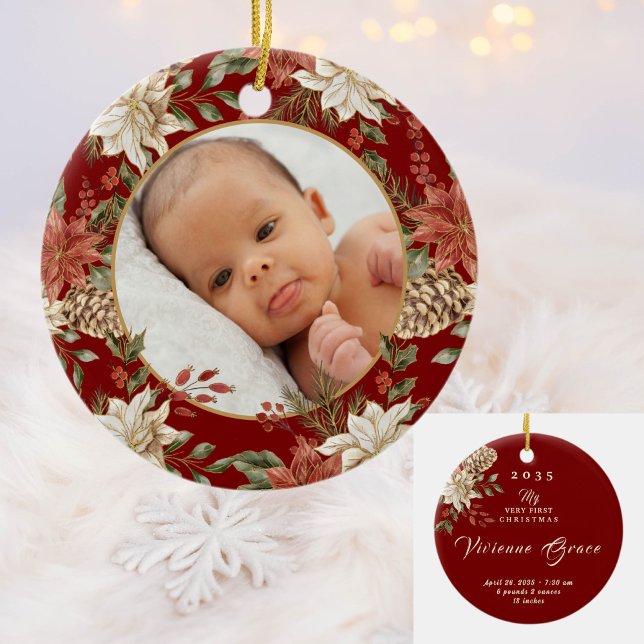 Elegant Baby's First Christmas Birth Stats Photo Ceramic Tree Decoration (Creator Uploaded)