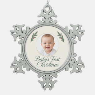 Elegant Baby's First Christmas Photo Keepsake Snowflake Pewter Christmas Ornament