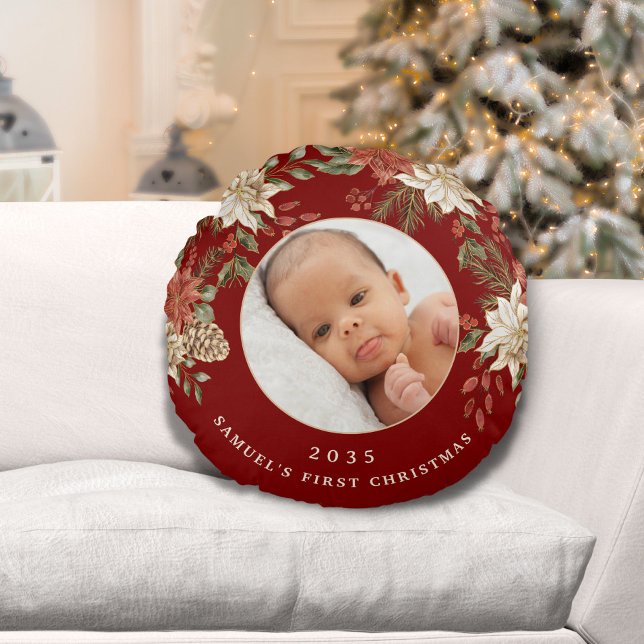 Elegant Baby's First Christmas Photo Round Cushion (Creator Uploaded)