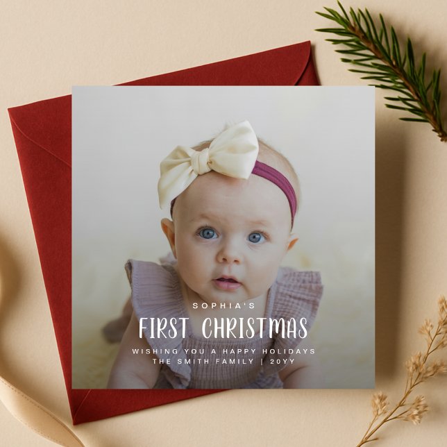 Elegant Baby's First Christmas Red Photo Family Holiday Card (Creator Uploaded)